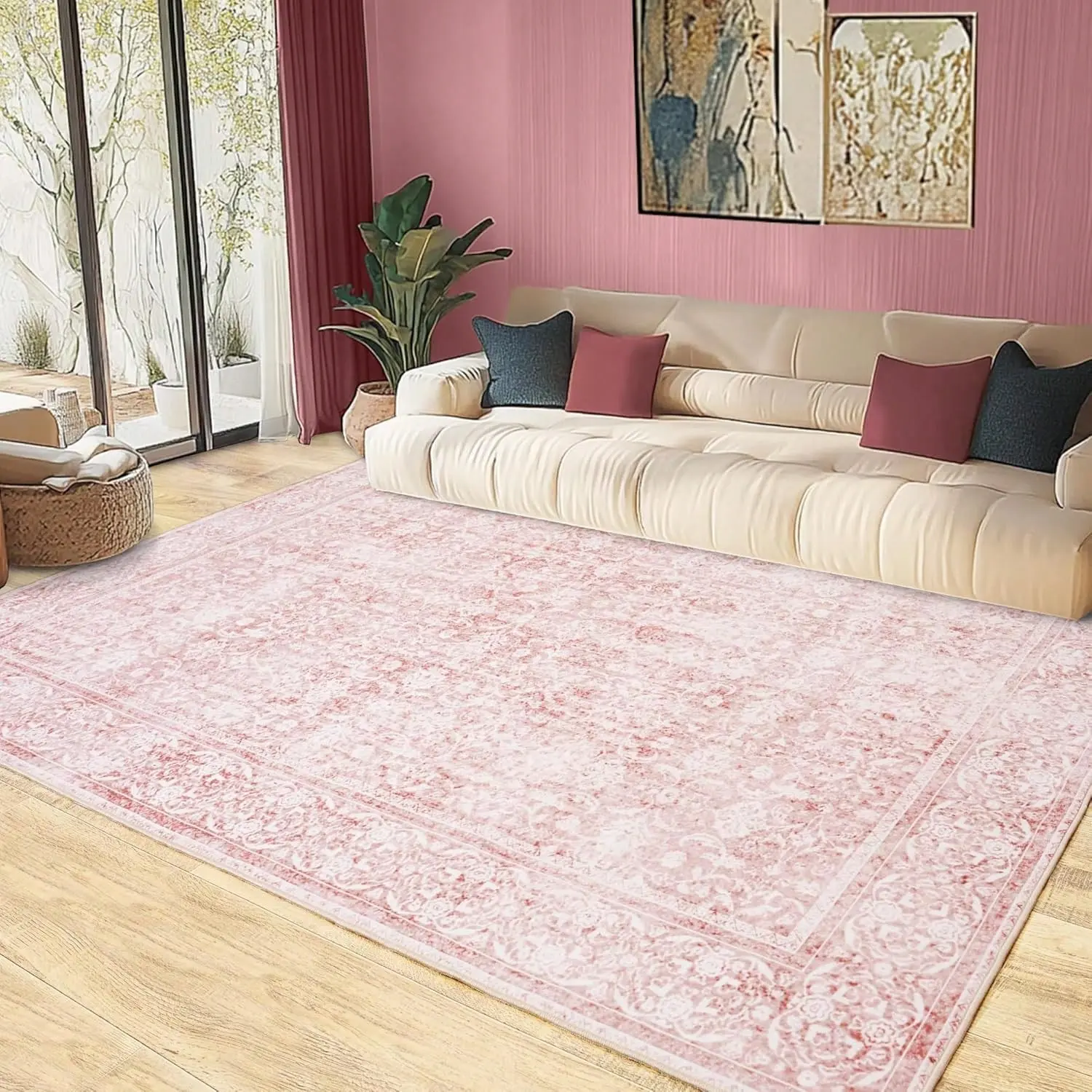 XEXSIN Large Vintage Floral Area Rug For Living Room Bedroom, Washable Floral Printed Rug Soft Indoor Low Pile Boho Rug For Bedroom Non Slip Stain Resistant Dining Room Playroom Carpet