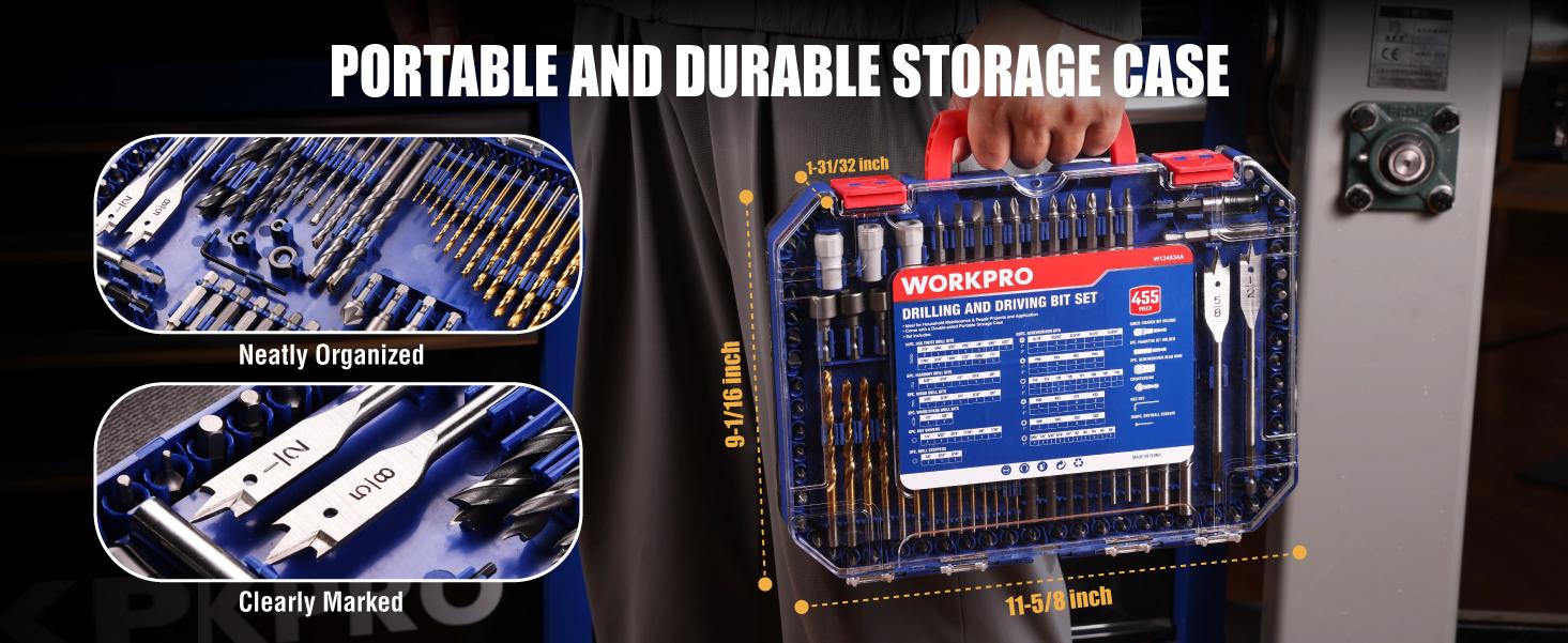 WORKPRO 455-Pack Drill Bit Set and Screwdriver Bit Set, Titanium Twist Drill Bits, Drywall Screws with Double Sided Storage Case, for Wood Metal Plastic Concrete Masonry
