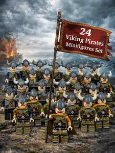24PCS Viking Minifigures Set with Weapons & Shields – Medieval Warrior Army Building Blocks Compatible, Castle Battle Toys for Kids Boys Gift