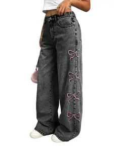 New Embroidered Bow Denim Jeans Pants, Washed Loose Fit with Embroidery, Casual Daily Wear, Cute Style, Streetwear