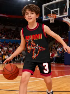 Kids Basketball Jersey Set Boys Flame Skeleton Graphic #3 Miami Style Summer Breathable Training Uniform