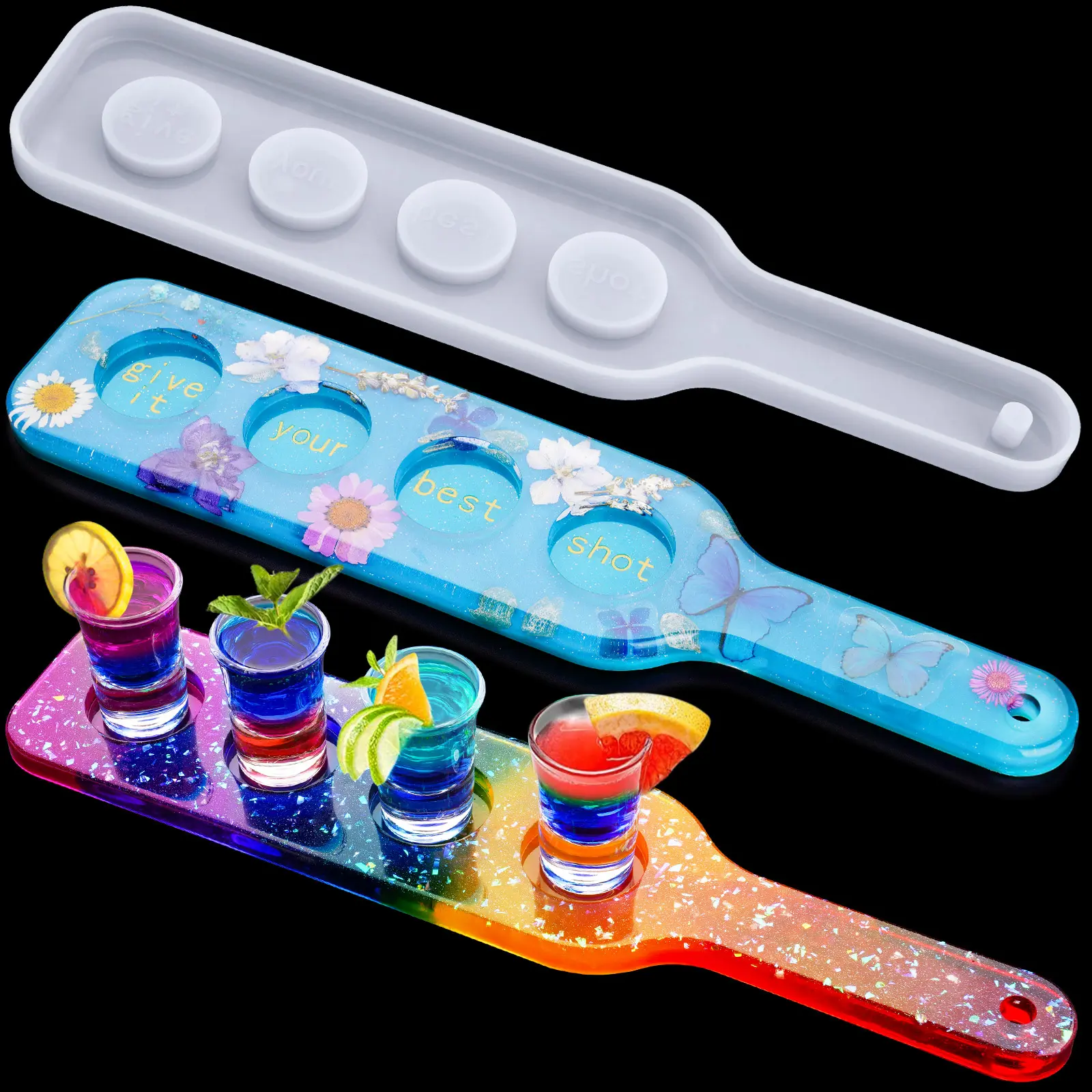 NiArt Odorless Translucent Reusable Epoxy Resin Art Silicone Casting Mold - 4-Hole Rectangle Tableware Shot Glass Tray, Beer Flight Paddle Holder for Creative Parties, Agate Home Decor