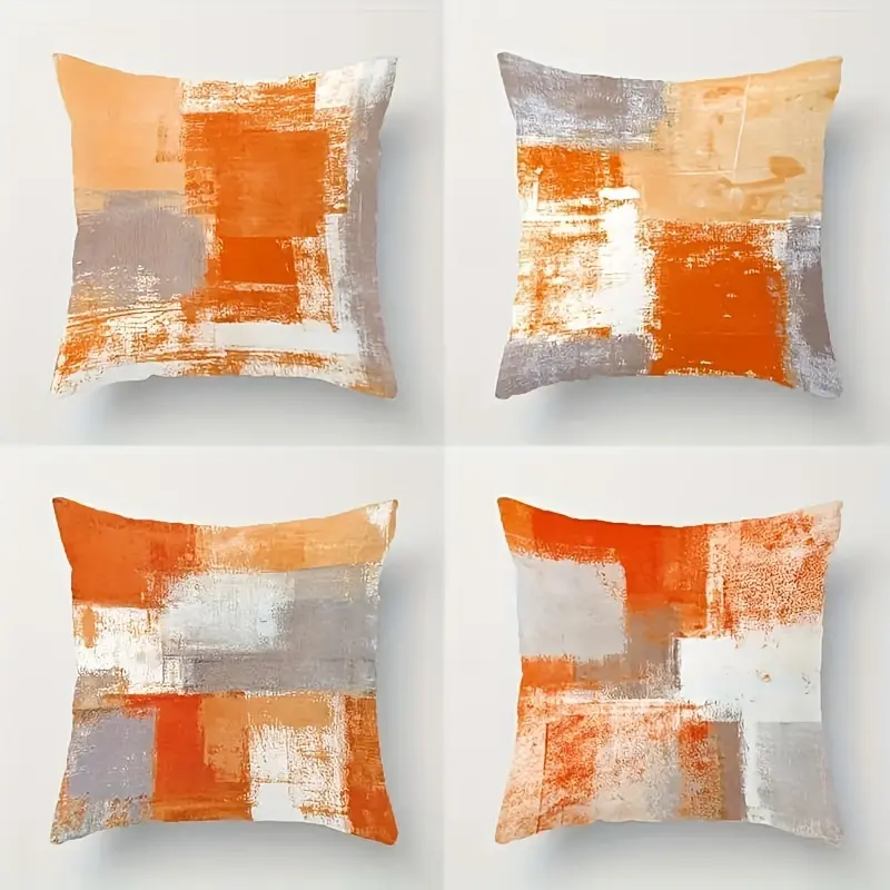 4pcs-Vibrant Orange & Gray Abstract Art Throw Pillow Covers Modern Home & Sofa Decor Accents, Artistic Design, Versatile Room Aesthetics Enhancement, Home Textile, Bedroom Decorative Accessories, Single-sided Printing Without Pillow Core