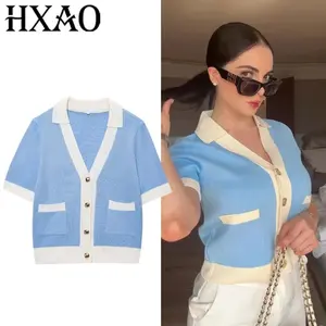 HXAO Woman 2025 Cardigans Sweater Short Sleeve Knit Sweater Cardigan For Women Button Cropped Cardigan Elegant Women's Jerseys