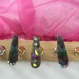 Athena's 12 Pcs Press On Nails Marble Set Large Coffin Shape with Charms Decoration for Stylish Manicure