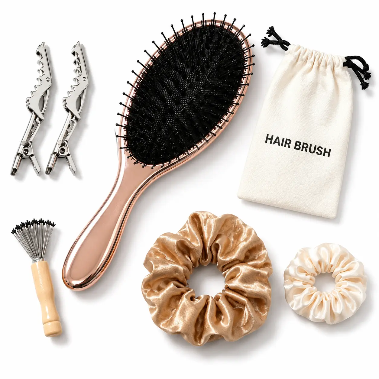 Natural Boar Bristle Hair Brush for Women, Rounded Tip Detangling Brush for Thick Hair, Anti-Frizz Smoothing Brush, Rose Gold Luxury Hair Brush  with Free Storage Bag & Hair Accessories Set voluminous styling scalp massage comb