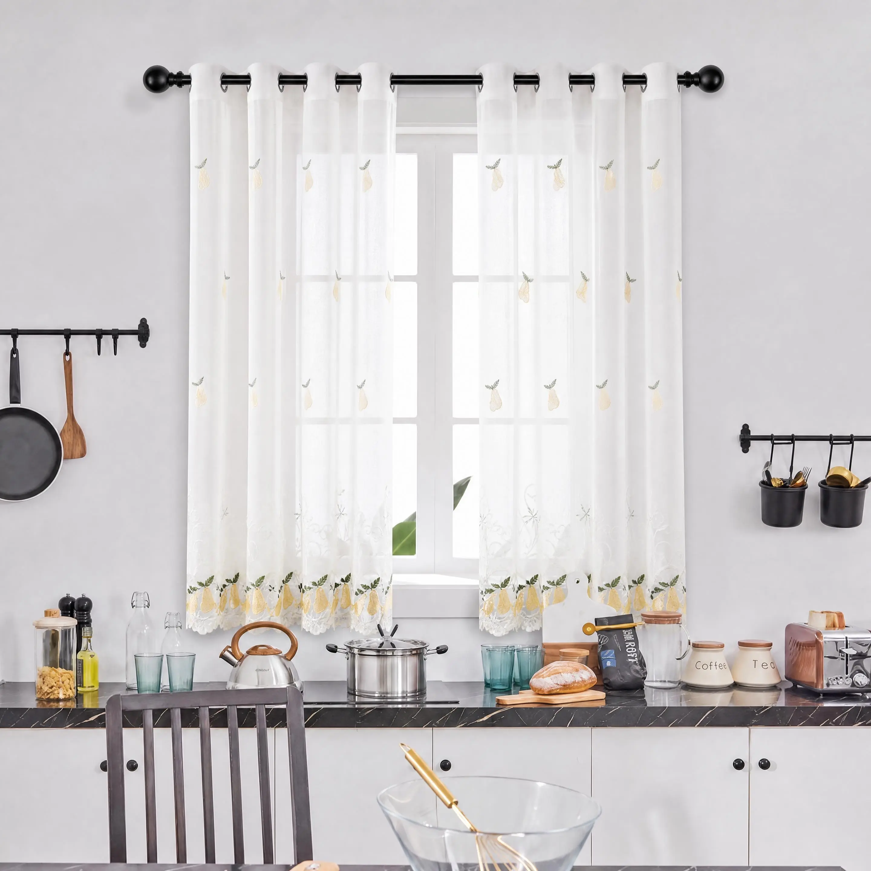 2-Panel Soft Faux Linen Grommet Kitchen Curtains (52"x60"), Traditional Fruit & Plant Motif with Macrame Embroidery, Fade-Resistant Home Textile for Kitchen Windows, Summer Interior Decoration Gift #SummerVibes