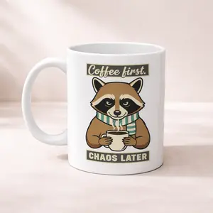 Coffee First, Chaos Later Funny Raccoon Mug | Cute Cozy Coffee Cup | Perfect Gift for Coffee Lovers, 11oz