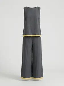 Ladies Chic Resort Wear Matching Set Spring Summer Breathable Grey Neon Trim, Crew Neck Sleeveless Top Side Stripe Loose Palazzo Pants Flattering Fit, For Holiday Beach Outing Weekend Stroll