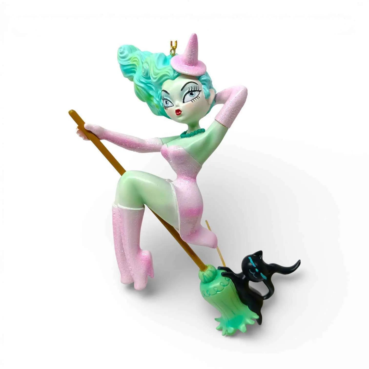 Loretta 6.5in Retro Plastic Pastel Candy Witch on Broom Ornament - Miss Fluff December Diamonds, Christmas Decoration, Holiday Gift for Home Decor