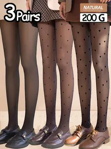 Women's Fleece Lined Warm Solid Color Heart Pattern Casual Leggings, 3 Pairs Thickened Thermal Pants for Fall Winter Daily Wear Tights