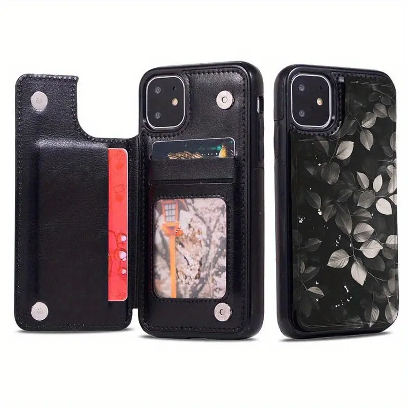 Ink leaf rhyme pattern, flip-up imitation leather wallet phone case with stand, fashionable imitation leather design with card slot, suitable for iPhone 17 16 15 14 13 12, Samsung S22 S23 S24 S25 and other series models, can be given as a gift to friends