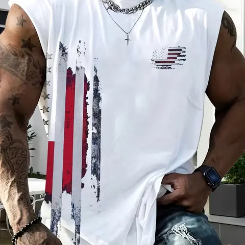 Men's Patriotic Vest, Breathable Sleeveless Design, American Flag Pattern, Loose Fit, Casual Summer Tops, Casual Summer Clothing, Clothes Men