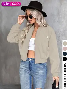 Women's Solid Color Woven Zip Up Bomber Jacket, Casual Long Sleeve Baseball Collar Outerwear for Daily Wear, Ladies Clothes for All Seasons, Coats