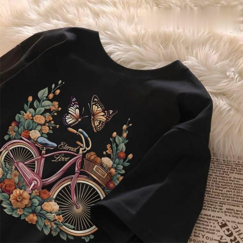 T-shirt For Men Women Korean Style Oversized Graphic  Simple Printed Round Neck  Cotton Fabric Top Womenswear Breathable Day Soft Thick Tshirt Summer  Streetwear Crewneck Casual Black Shortsleeve