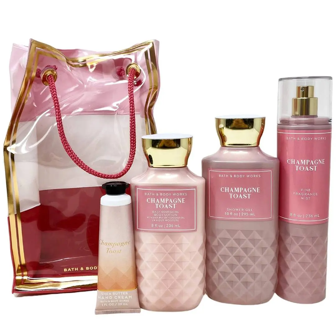 HOT - Bath and Body Works CHAMPAGNE TOAST Gift Bag Set - Body lotion - Shower Gel and Fine Fragrance Mist Plus a Shea Butter Hand Cream arranged inside a transparent gift bag