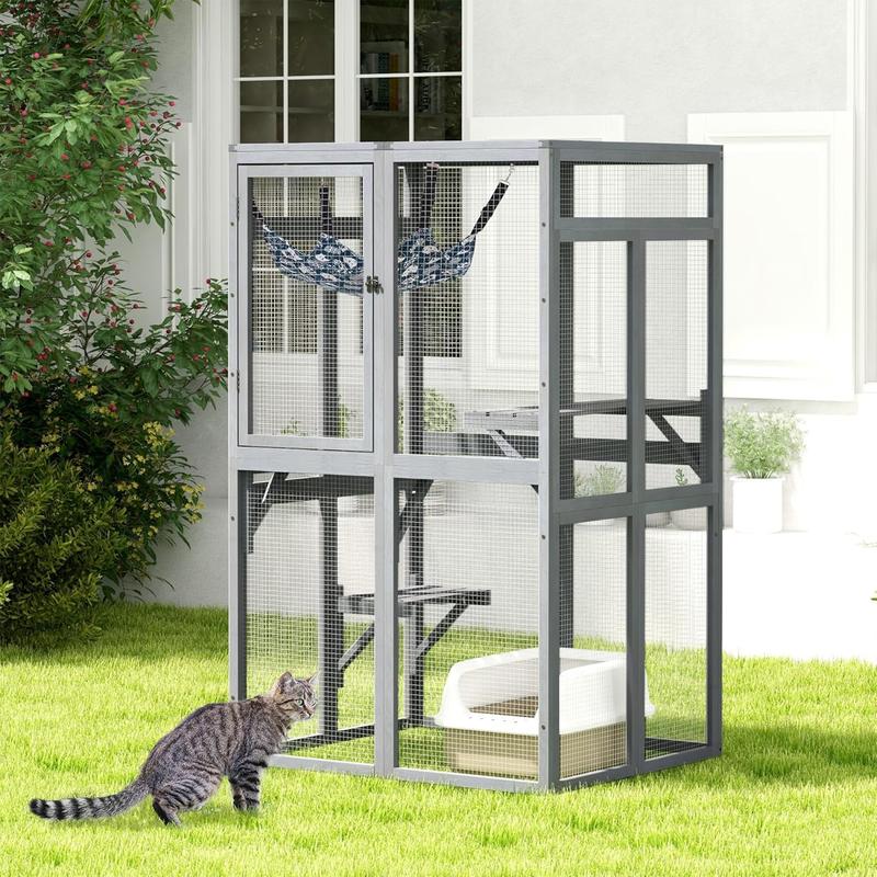 COZIWOW Outdoor Wooden Cat House Enclosure with Window, 3 Spacious Platforms, Weatherproof Wood, 39.4 x 33.3 x 63.8 Inches