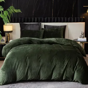 Duvet Cover  Set Dark Green Comforter Cover 3 count Ultra Soft Cover Breathable Solid Luxury Flannel Velour Duvet Cover Zipper Closure Corner Tie