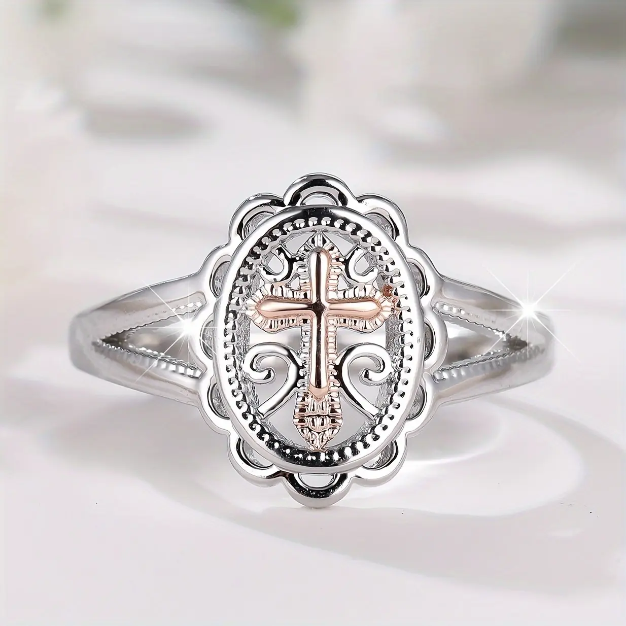 Bohemian Ring Oval Shield & Cross Ring - Copper Jewelry with Synthetic Zirconia Stones, Intricate Design for Weddings, Parties, Casual Attire - Durable Year-Round Gift for Women
