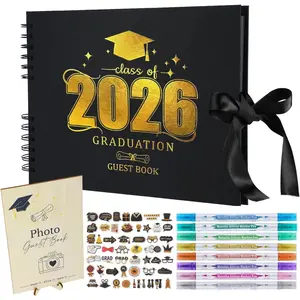 Black Gold Graduation 2026 Guest Book Scrapbook Set - 80-Page Signature Photo Album, 8 Dual-Tip Markers, Stickers, Memory Book Signer | Graduation 2026 Gifts for High School Grads