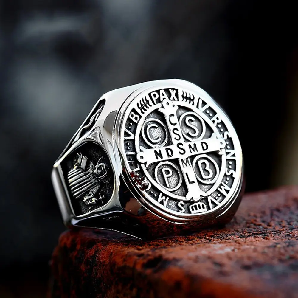Vintage Exorcism Saint Benedict Cspb Cross Ring Men Punk Amulet Christianity Rings Stainless Steel Jewelry Gift Wholesale