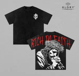 Rich In Faith - Jesus Pray T-Shirt Washed T-shirt Washed, Bible Verse Hoodie, Sweatshirts, Jesus Hoodie, Church Outfit Unisex Oversized Graphic Tee For Men and Women Aesthetic Clothes