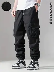 Men's Solid Flap Pocket Drawstring Waist Cargo Pants, Regular Fit Casual Comfy Jogger Pants for Daily Wear, Men's Trousers for Fall