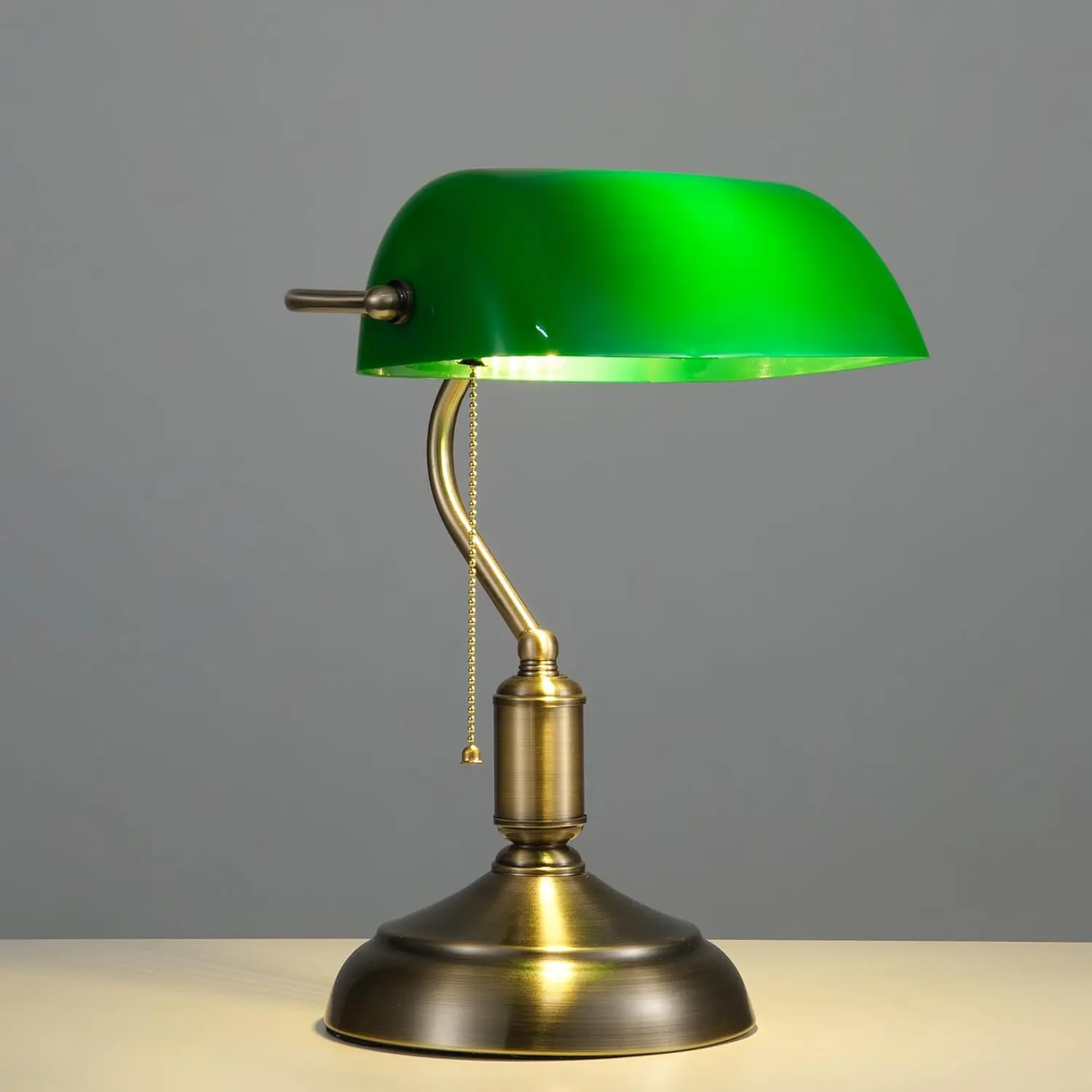 Green Plastic Bankers Desk Lamp with Pull Chain On/Off Switch, 3 Lighting Color Mid-Century LED Writing Light for Home Office Library (Indoor Lighting for Home Improvement), Desk Lamps
