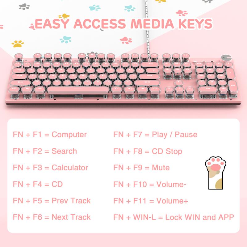 XINMENG Wired Pink Typewriter Keyboard and Mouse Combo,Retro Vintage Mechanical Gaming Keyboard with White LED Backlit,104 Keys Anti-Ghosting Blue Switch Cute Keyboard,Round Keycaps,4 Color Backlit Mouse,Pink Mousepad for Desktop PC/Laptop Mac