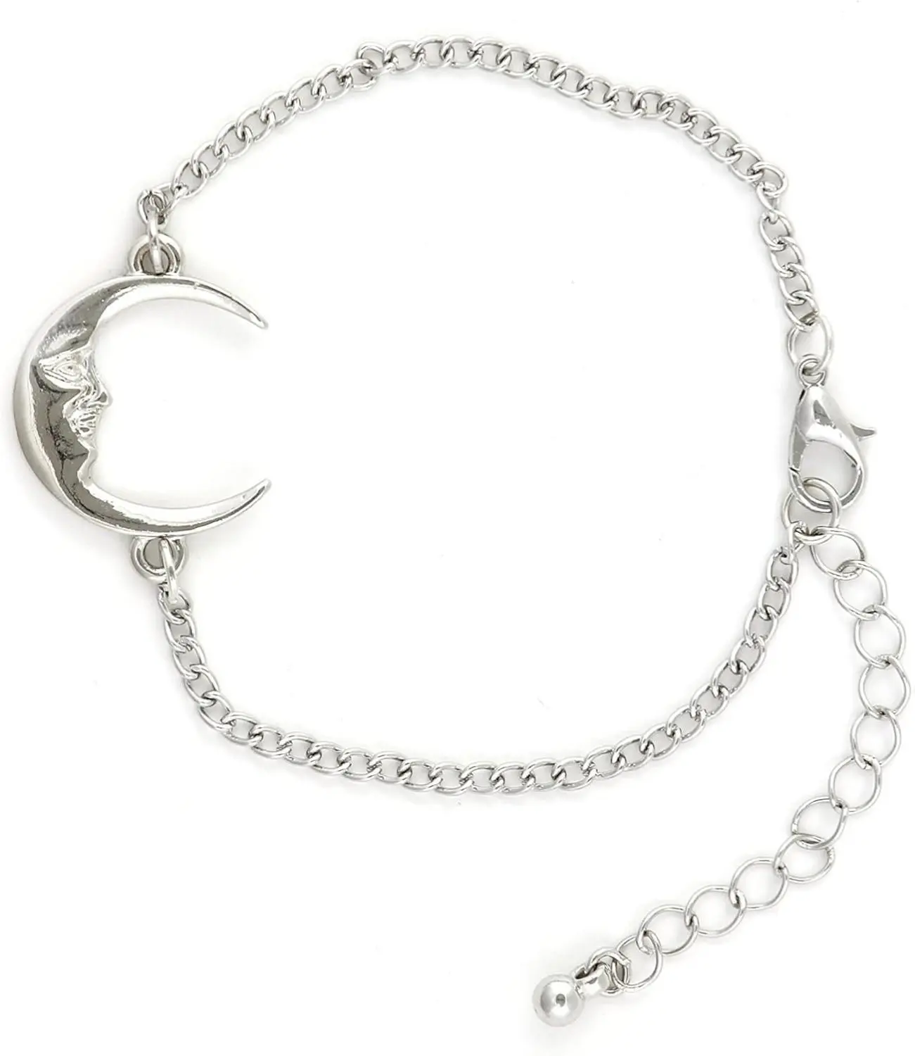 Crescent Moon Bracelet Silver Tone Elegant Bangle Design with 1 Inch Moon Charm & 9 Inch Adjustable Chain Fashion Jewelry Man in The Moon Collection