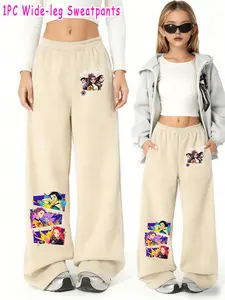 Girls Kpop Demon Hunters Korean Style Wide Leg Pants, Cartoon Anime Print, Casual Comfortable Everyday Spring & Fall Fashion, Outdoor Sports Wear