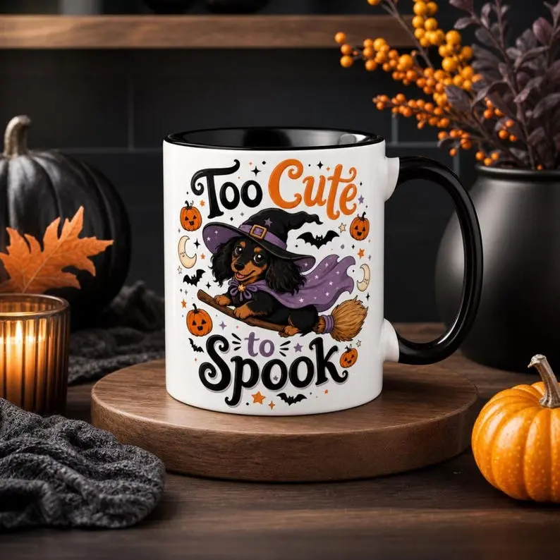 Halloween Dachshund Mug, Witch Dachshund Coffee Mug, Spooky Wiener Dog Coffee Cup, Cute Doxie Halloween Mug, Fall Ceramic Coffee Cup, Dog Lover Halloween Gift, Ghost Dachshund Mug, Autumn Pet Lover Mug, Dachshund Owner Gift