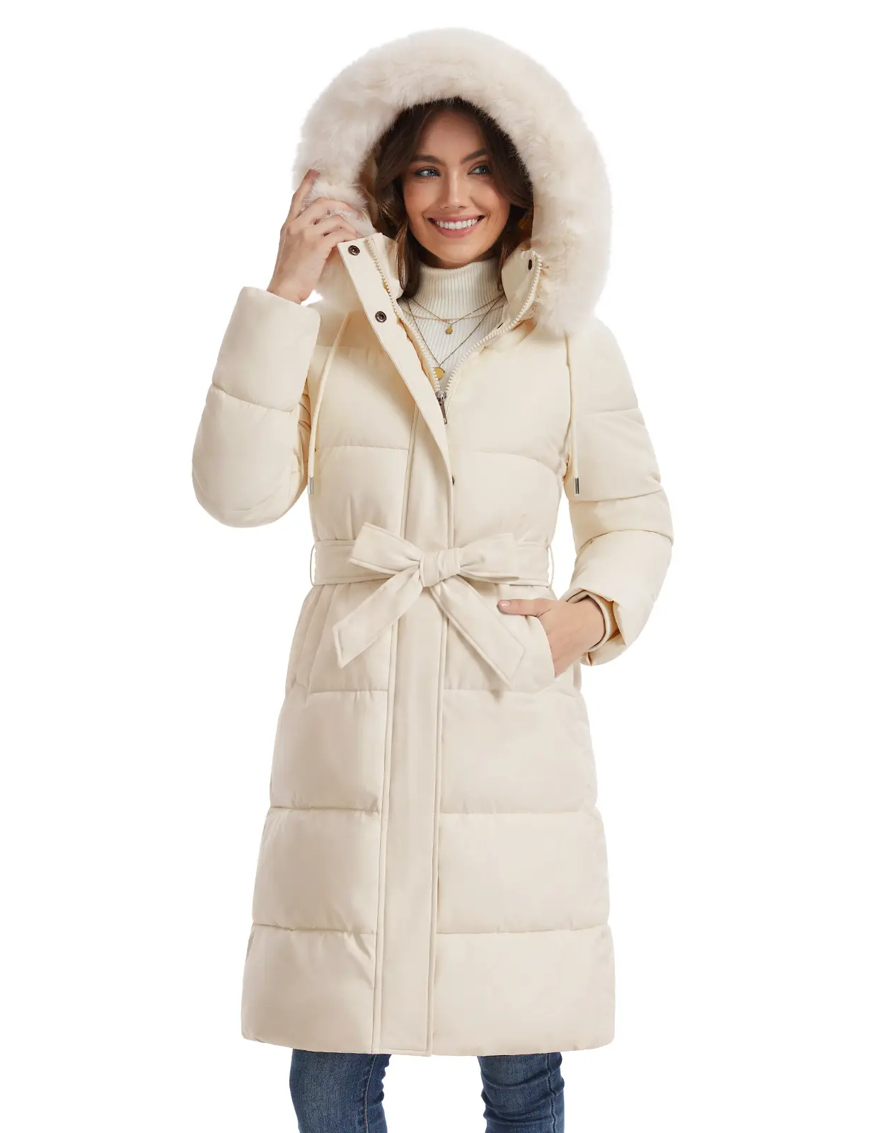 HEEKPEK Women's Winter Warm Puffer Coat - Long Drawstring, Waterproof Snow Parka with Removable Faux Fur Trim Hood, Fitted Fleece Top