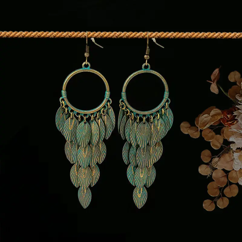 H2805 1 Bronze Leaf tassel Earrings