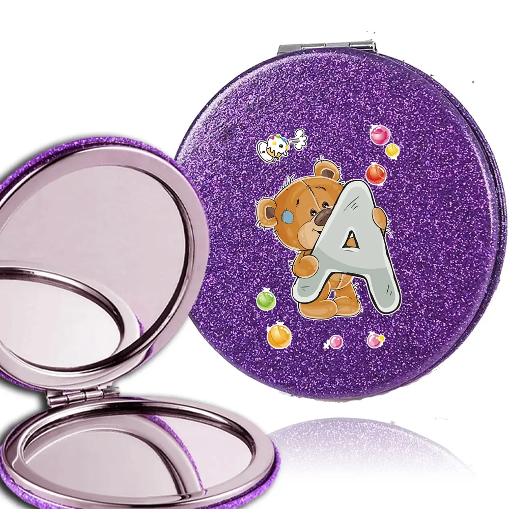 Double-Sided PU Leather Makeup Mirror Portable Vanity Mirror Handheld Folding Cosmetic Mirror With 1X/2X Dual Magnification Compact Beauty Pocket Tools For Easy Trip, Office and Home Initial Name 26 Letters Bear Pattern