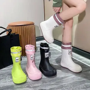 Women's Waterproof Rain Boots with Drawstring, Fashionable Mid-Calf Rubber Shoes, Lightweight Non-Slip Sole, All-Season Footwear, Waterproof Wellington Boots, Waterproof Outdoor Footwear