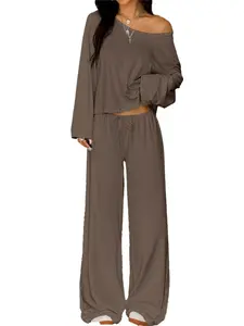 Two Piece Matching Lounge Sets for Women, Vacation Airport, off Shoulder Sweatshirt, Wide Leg Sweatpant Set, Comfortable and Stylish