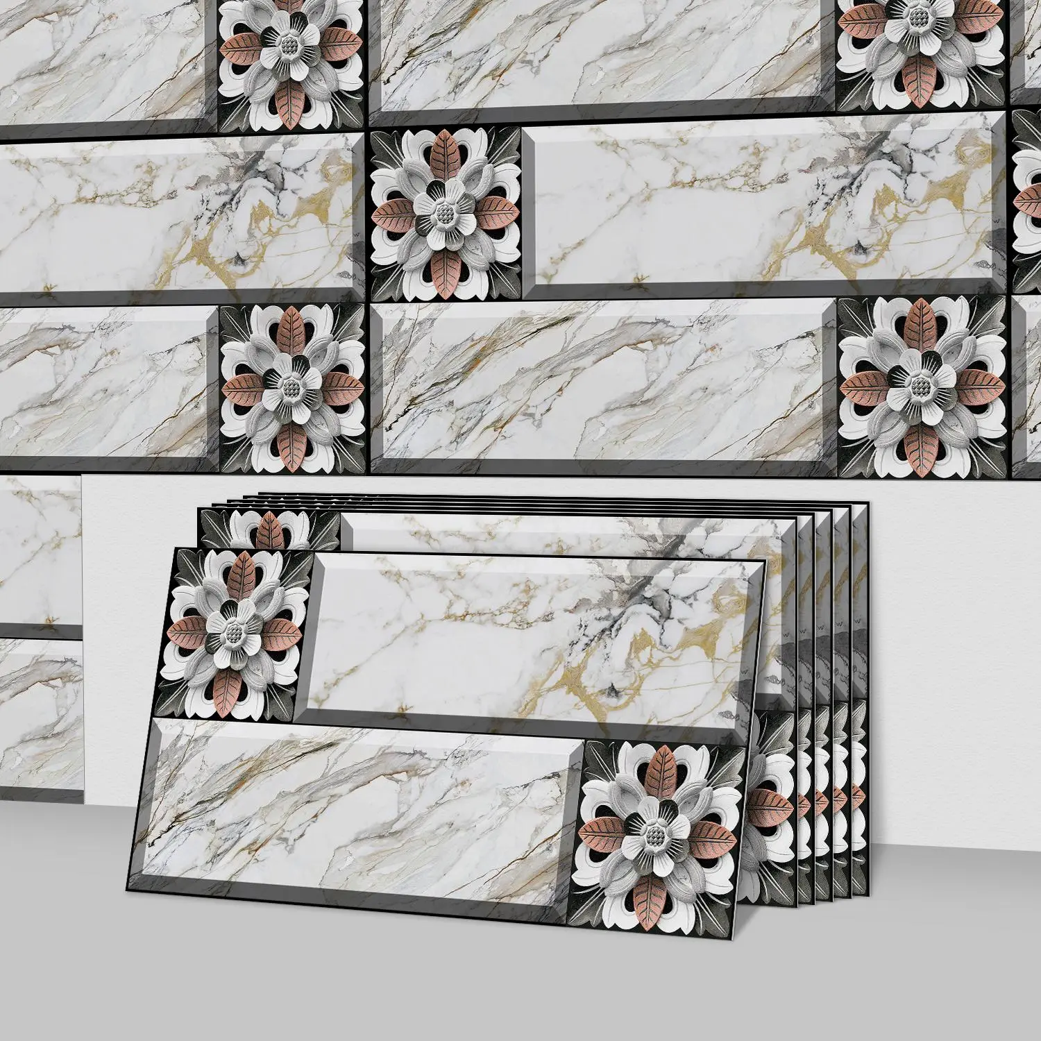 Vintage Flower Pattern Tile Backsplash, Self-adhesive Removable Tile Backsplash, Waterproof & Oil-resistant Wall Decor, Floral Pattern Sticker for Kitchen & Bathroom
