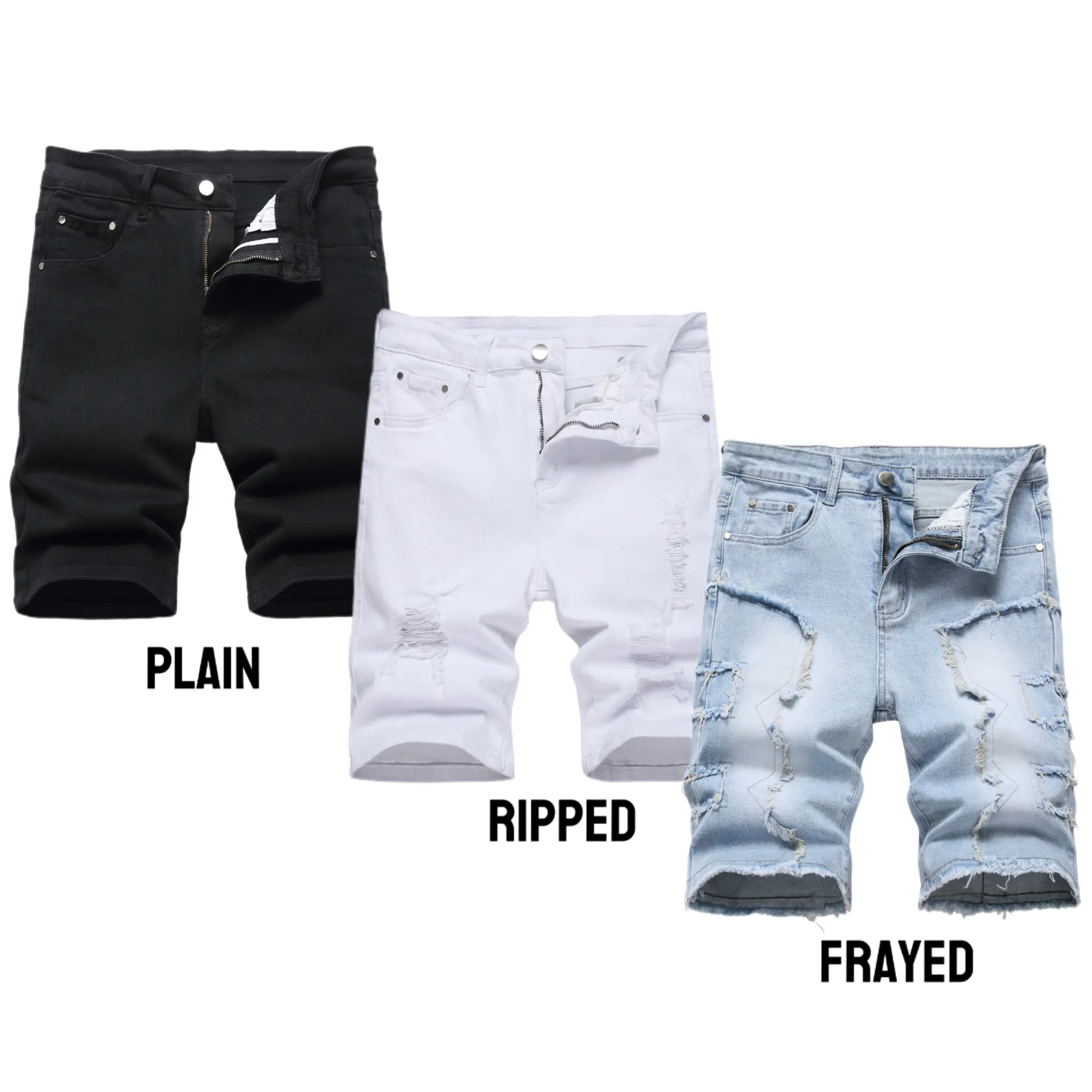 JUNBAOSS Menswear 3-Pack Men’s Ripped Stretch Denim Shorts - Slim Skinny Straight Jean Shorts with Flex Waist, Buttons, Frayed Edges, Plain Pockets, Beige Black Streetwear Casual Bottoms, Front-Ripped Men's Shorts