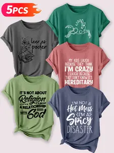 5PCS Personality & Faith Themed Women's Casual Short Sleeve Crew Neck Cotton T-Shirt Set – Bestselling Graphic Print, Multicolor, Machine Washable Spring & Summer Top, Soft Skin-Friendly Fabric, Daily Versatile, Fashion Design