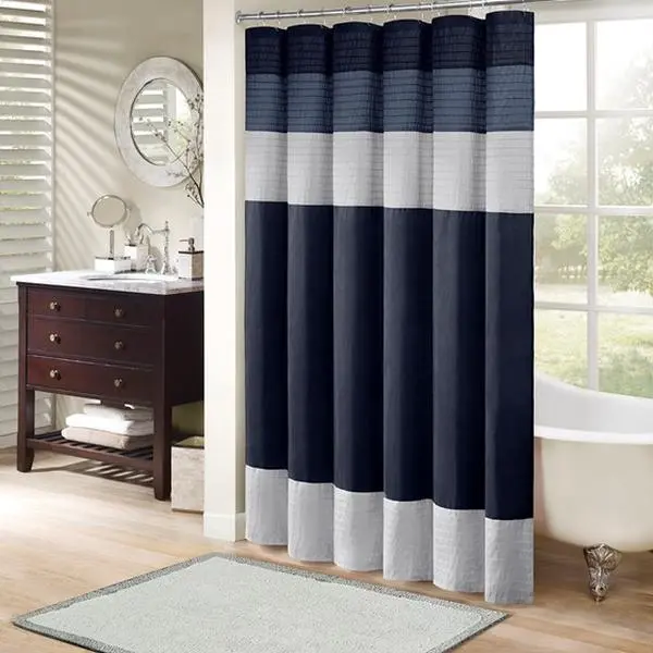 Madison Park Amherst Faux Silk Pieced Striped Modern Microfiber Shower Curtain - 72x72in Bathroom Accessory, Textured Washable Fabric for Home Decor