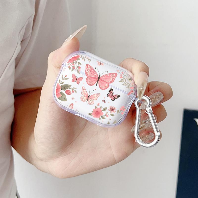 Butterfly Floral Dream Pattern TPU Soft Protective Case for Apple AirPods 4/3/2/1/Pro/Pro2 Transparent Earphone Cover with Keychain Attachment