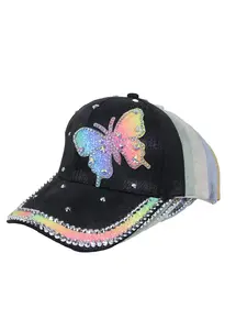 Y2K Gradient Rainbow Butterfly Rhinestone Baseball Cap, Sparkle Sequins Snapback Hat, Sweet Cool Lolita Starry Sky Hat
