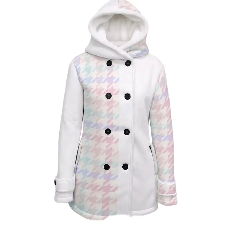 The Pastel Houndstooth Coat Shearling-Lined Wearable Art Peacoat with Hood and Double-Breasted Design