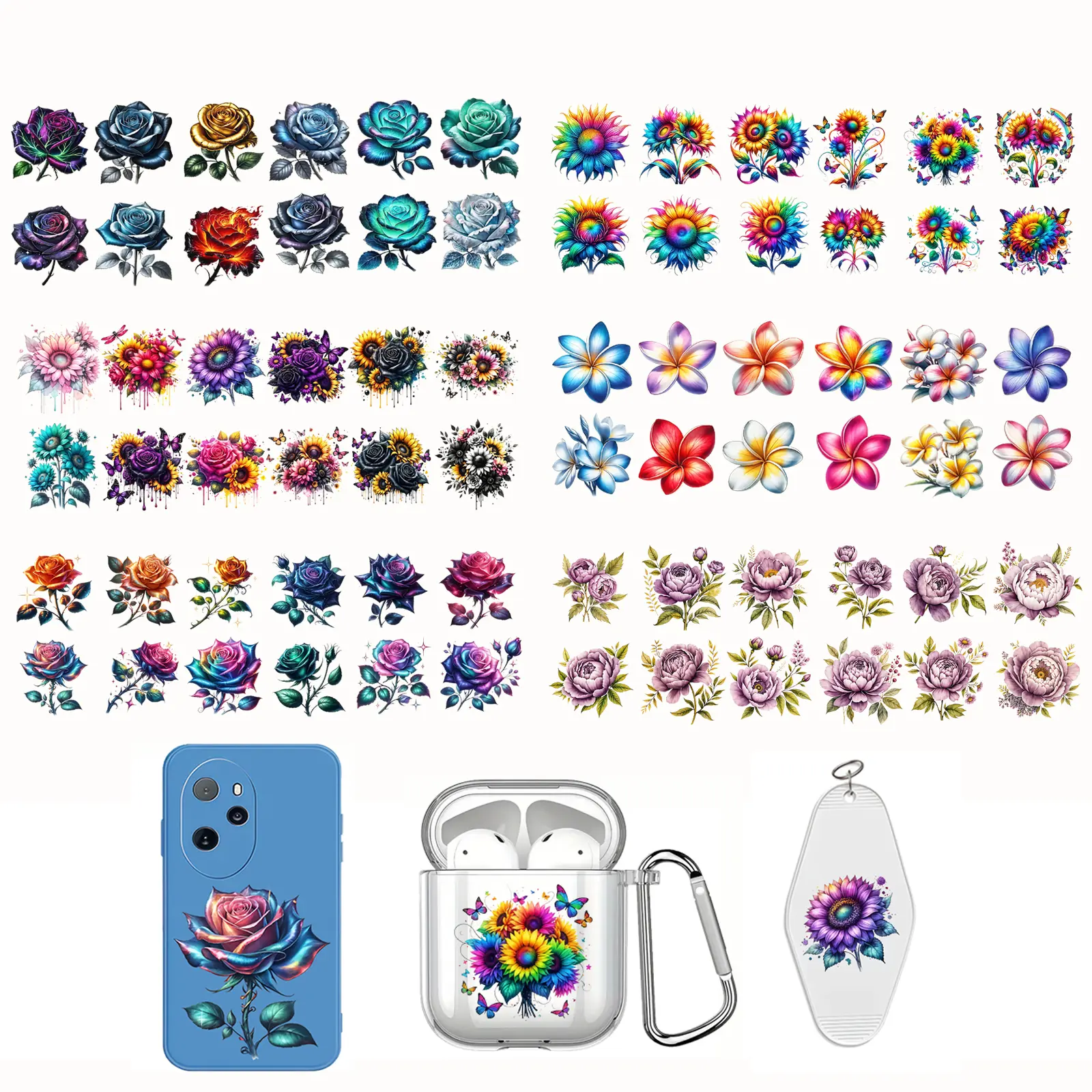 72pcs Mixed Styles UV DTF Cup Wraps and Iron On Transfers: 6 Designs Include Sunflower Floral, Fantasy Rose, Colorful Plumeria, Peony Flower Leaf, Sunflower with Butterfly, and Rose Flower Leaf - Waterproof Rub on Transfer Stickers for DIY Crafts ., Uv Dt