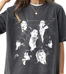 Women's Oversized Cotton Soft Loose Round Neck Printed Tshirt - Custom Solid Arirang Vintage Style, Kpop 7-Member Group Cute Graphic Fan Top, Casual Lady & Baby 2026 World Tour Concert Wear