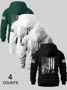 Men's Long Sleeve Hoodies 4-Pack, Flag Print Casual Fitted Sweatshirts, Thick Fabric for Fall & Winter, Perfect for Holidays & Daily Wear, Relaxed Fit