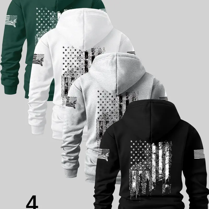 Men's Long Sleeve Hoodies 4-Pack, Graphic Flag Print Casual Fitted Sweatshirts, Thick Knit Fabric for Fall & Winter, Perfect for Holidays & Daily Wear, Relaxed Fit