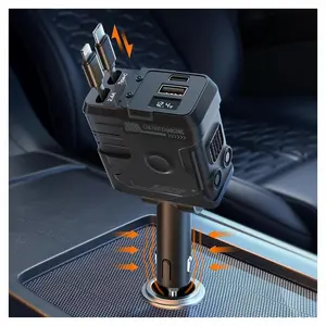 Mecha Retractable Cable Car Charger 120W Ultra-Fast 4-in-1 USB-C Lightning Type-C 180° Adjustable Head Digital Display Smart Trickle Mode LED Screen for iPhone Android Tablets