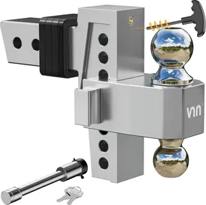 VNN Adjustable Drop Hitch – Dual-Ball (1-7/8'' & 2'') Trailer Hitch for 2.5-Inch Receiver, 6-10 Inch Drop, 15,000 lbs GTW, Heavy-Duty Ball Mount for Trucks – Silver